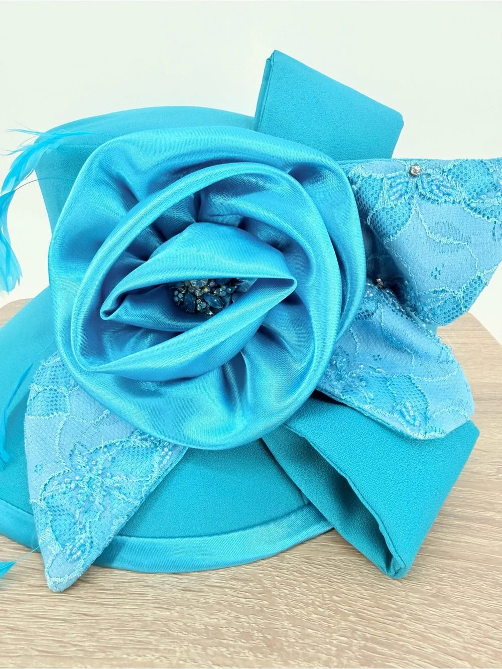 Studio B Blue Opening Day Derby Hat Rose Lace Feather Race Day Church Statement